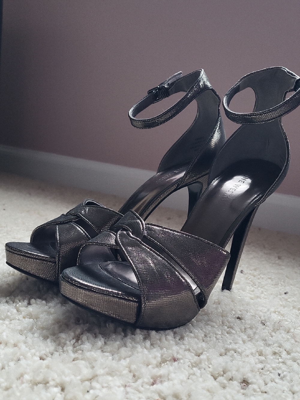 Nine West Metallic Silver-Pewter Ankle-Strap Platform Heels